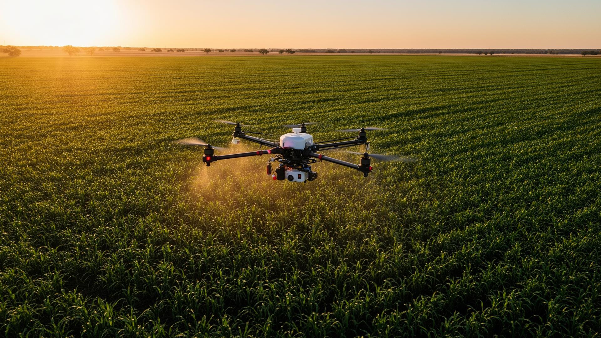 Agricultural spraying drone flying over a Texas farm field